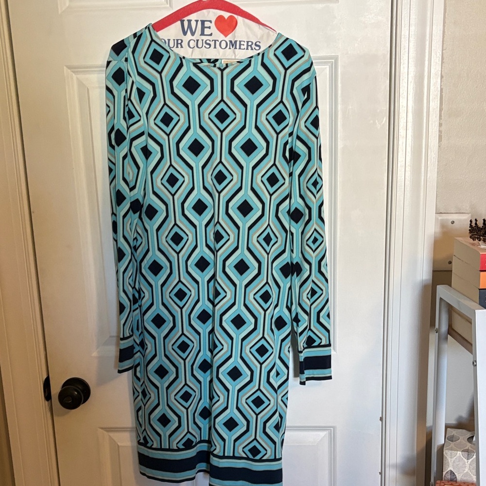 Michael Kors Aqua and Black Long Sleeve Geometric Shift Dress